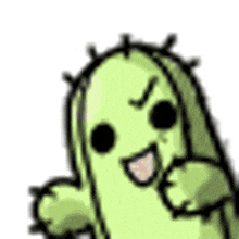 a cartoon of a green cactus with black eyes and spikes .