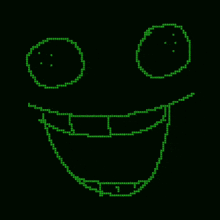 a green pixelated smiley face with teeth and eyes