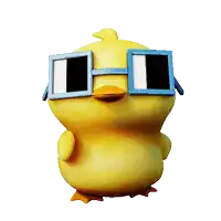 a yellow cartoon chicken wearing square sunglasses