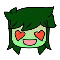 a cartoon drawing of a person with green hair and red hearts in their eyes