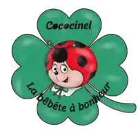 a green clover with a ladybug and the words cococinel la bebete a bonheur