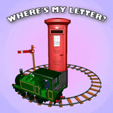 where 's my letter poster with a red mailbox and a green train