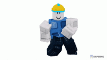 a roblox character wearing a hard hat and a blue shirt with the letters r and t on it