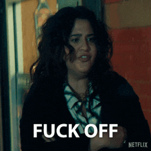 a woman with a netflix logo behind her
