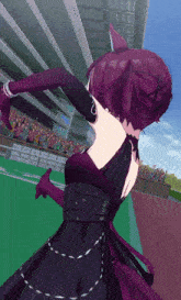 a girl in a purple dress stands in front of a crowd