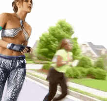 a woman in a bikini and leggings is running down the street