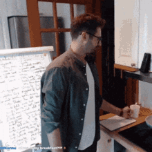 a man standing in front of a white board that says ' my breakfast ' on it