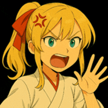 a girl with a ponytail and a red bow on her head has an angry expression on her face