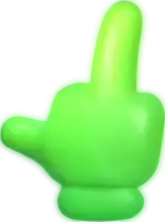 a green cartoon hand is pointing to the right