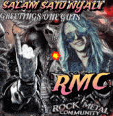 a poster for rmc rock metal community with a skeleton and a woman