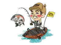 a cartoon of a man on a boat holding a fishing rod and a flag that says bridgestone