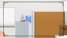a picture of a room with a boat on a shelf and a bag that says ' 56th ' on it