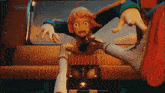 a cartoon character is sitting on a train with her legs crossed