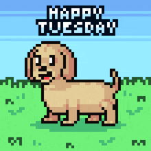 a pixel art illustration of a dog with the words happy tuesday above it
