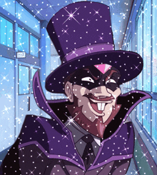 a cartoon character with a purple top hat and mask