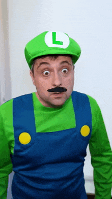 a man dressed as luigi from super mario makes a surprised face