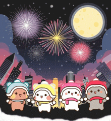 four cartoon characters are standing in front of fireworks
