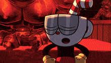 a cartoon of a cup with a red and white striped cane