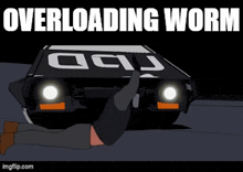 a cartoon of a man crawling under a car with the words overloading worm on the bottom
