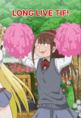 a cheerleader is holding pink pom poms with the words long live tif written on the bottom