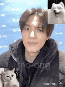 a man is holding a cat and a dog while talking on a video call with markouilife