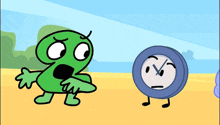 two cartoon characters are standing next to each other and one has a clock face on it