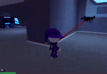 a person in a purple hat is holding a red stick in a room with 75 points on the screen