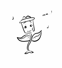 a black and white drawing of a plant with a face and a hat on .