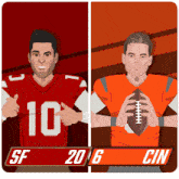 a cartoon of a football player with the number 10 on his jersey and a cartoon of a football player with the number 6 on his jersey