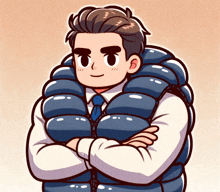 a cartoon of a man wearing a blue vest