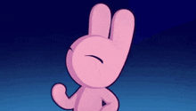 a pink cartoon rabbit is standing in front of a blue background and making a peace sign .