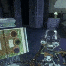 a video game scene with fiona saying the moral of the story