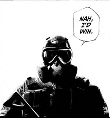 a black and white drawing of a man wearing a gas mask and goggles .