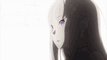 a close up of a girl 's face with purple eyes and white hair