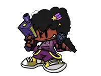 a cartoon character is holding a microphone and a gun .