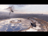 a dragon is flying over a dome with a landscape in the background