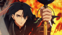 a cartoon character holding a sword in front of a fire