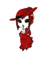 a cartoon drawing of a woman in a red dress and hat holding a stick