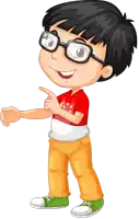 a cartoon boy wearing glasses and a red shirt is pointing at something