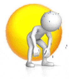 a 3d man is squatting down in front of a yellow circle .