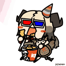a cartoon drawing of a man wearing 3d glasses eating kfc chicken