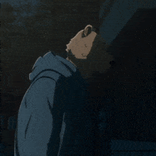 a cartoon bear wearing a blue hoodie is standing in the dark