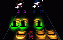 two clown characters are playing a video game with green lights behind them