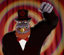 a hippo in a top hat is holding a hypnotic device in his hand