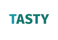 a white background with the word tasty in blue