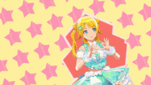 a girl with blonde hair is wearing a blue dress