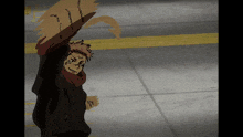 a cartoon character is standing on a sidewalk with his arm up in the air