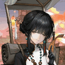 a girl with black hair and a backpack is holding a ruler .