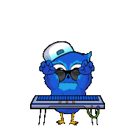 a blue owl wearing sunglasses and a hat playing a keyboard