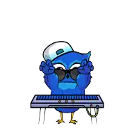 a blue owl wearing sunglasses and a hat playing a keyboard